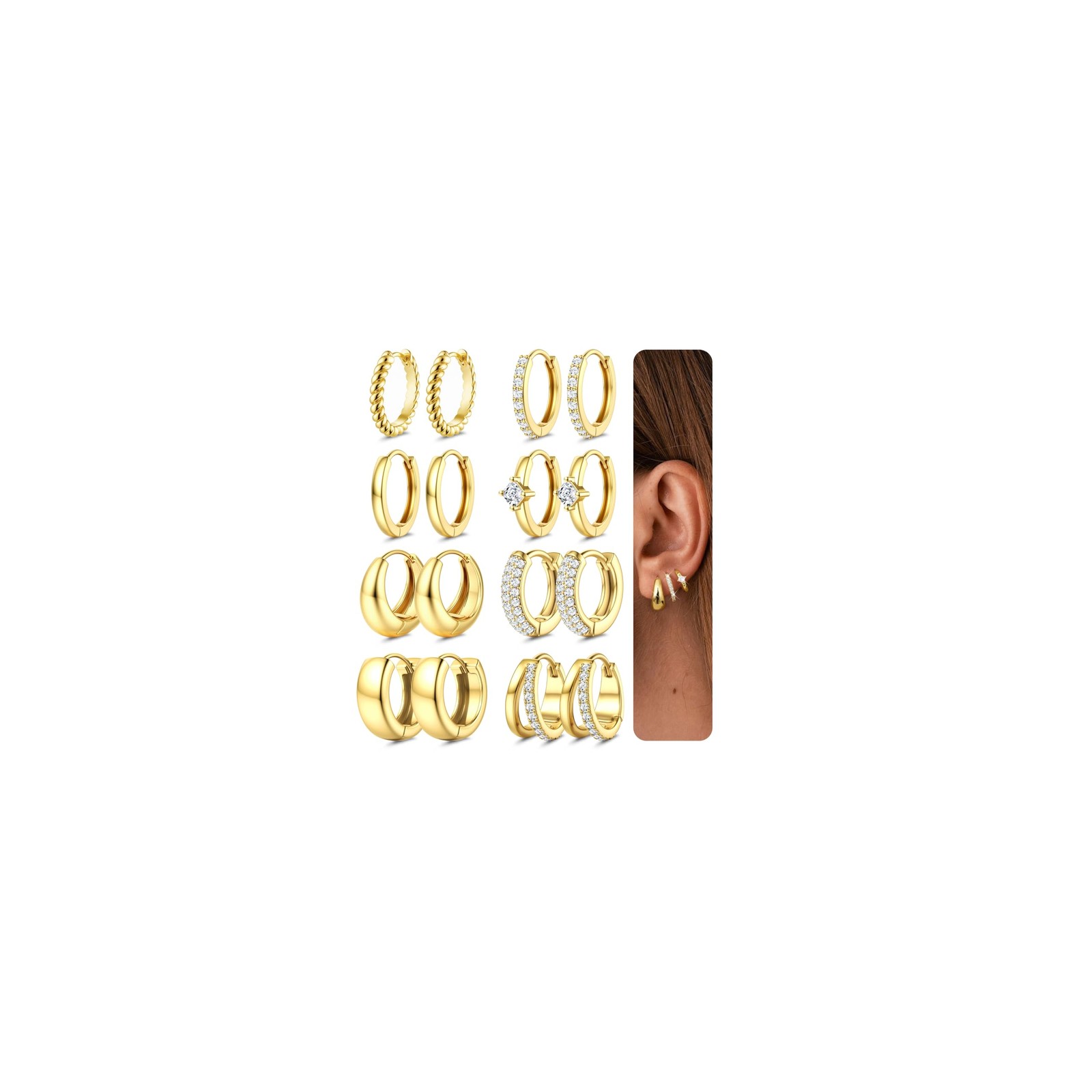 LOYALLOOK Small Chunky Gold Hoop Earrings for Women Small, Gold-8Pairs 