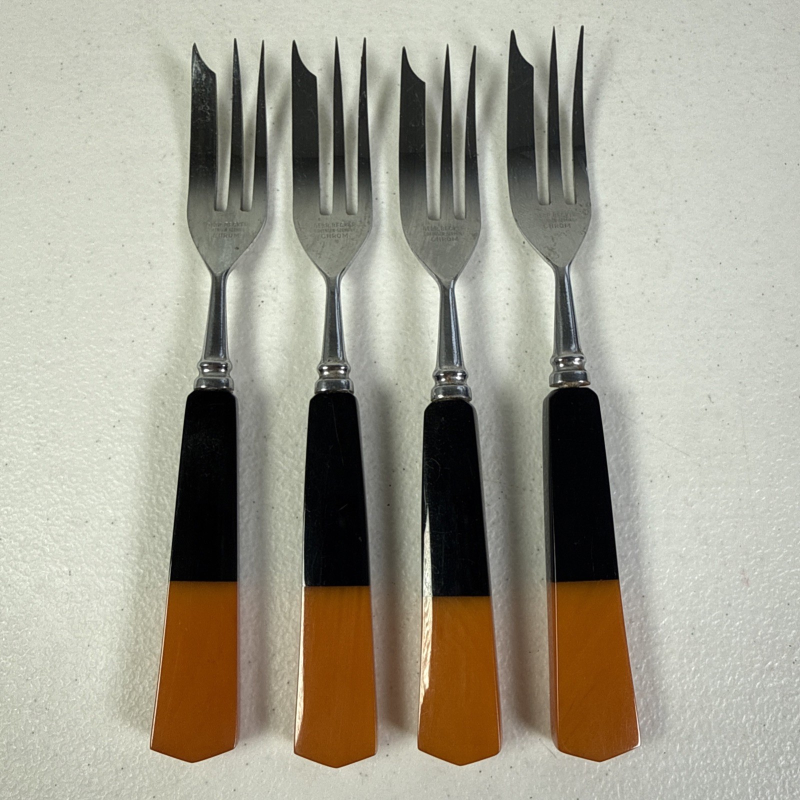 Four Vintage Bakelite Dessert Forks W/ Butterscotch And Black Handles