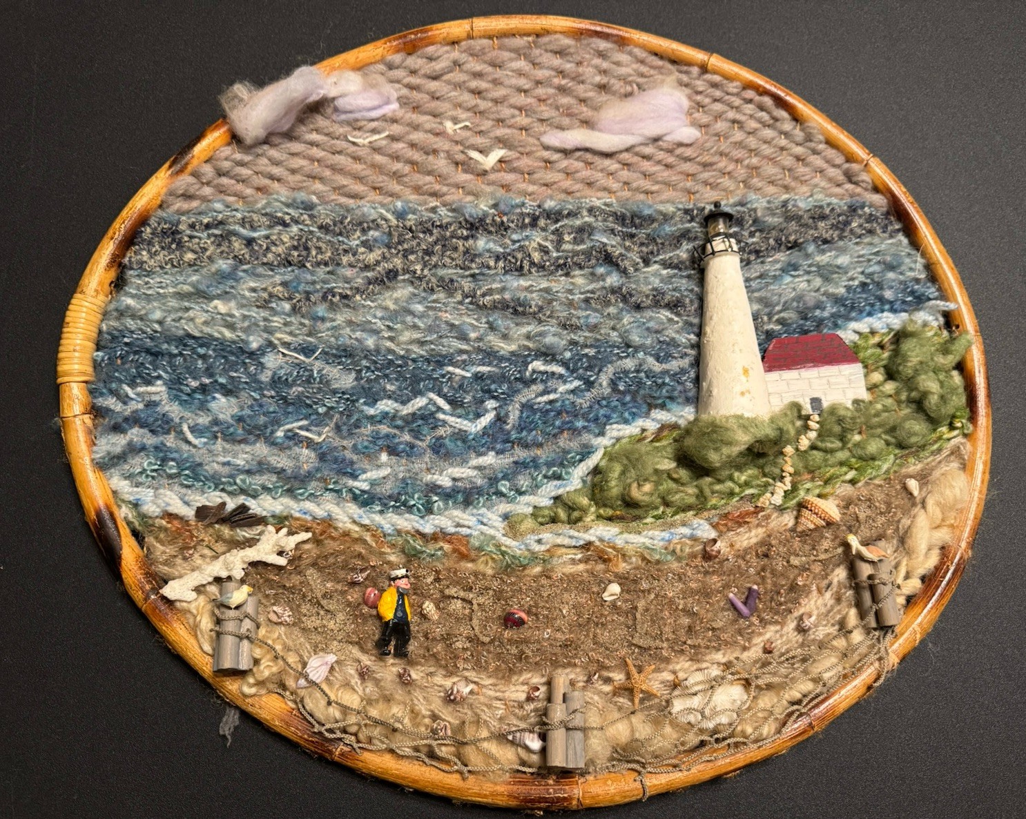 Vtg 80s Lighthouse Shell Mixed Media Artwork Nautical Beach Wool Yarn Shell