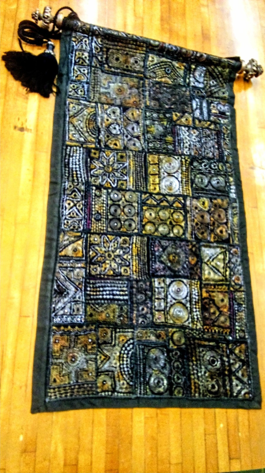 Antique Zari Triba 3X6ft Embroidered Tapestry with an Ornate Hanging Rod India