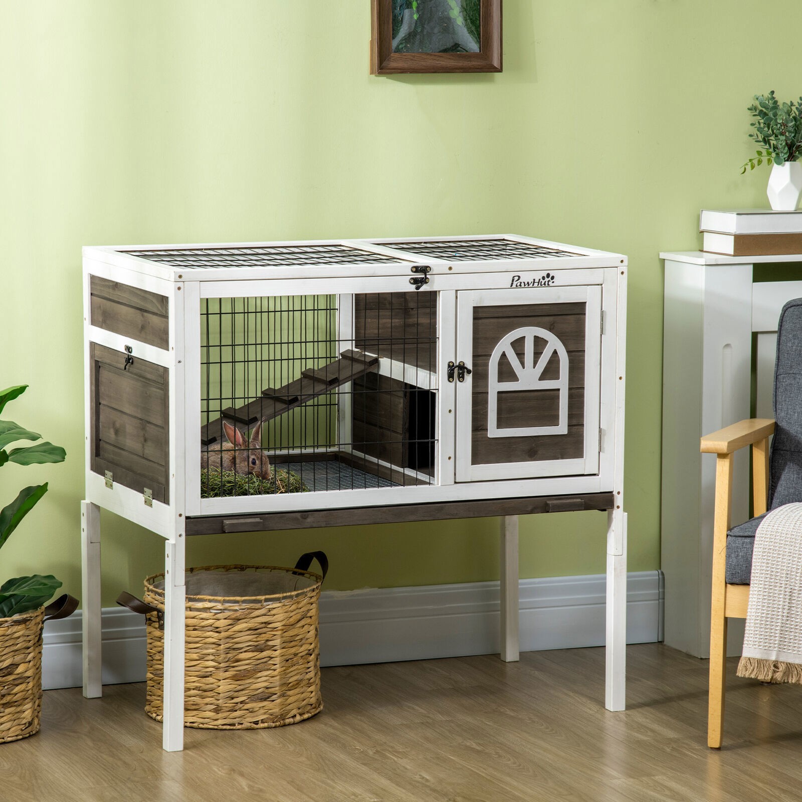 Rabbit Hutch Guinea Pig Cage with Removable Tray Openable Roof