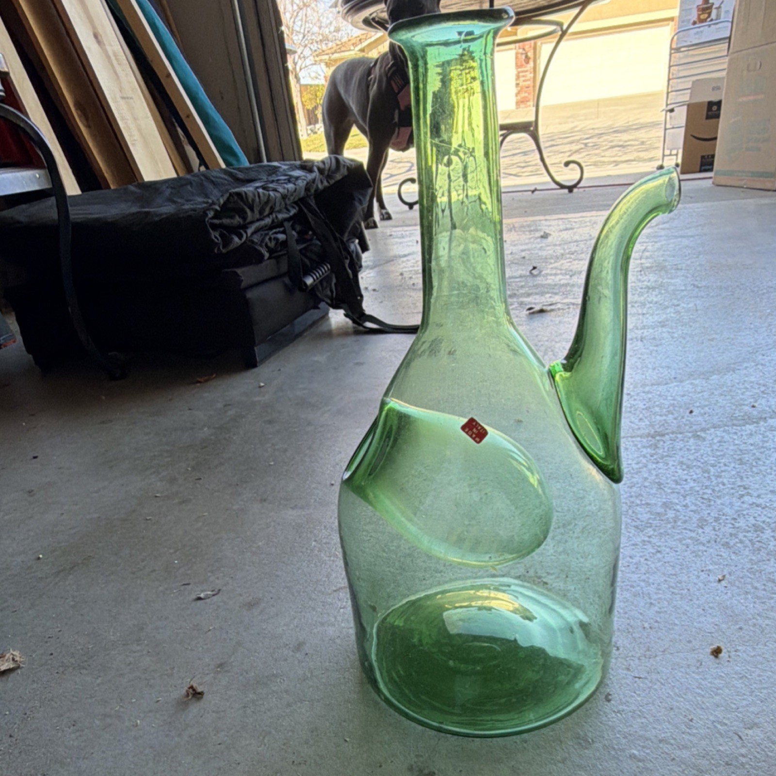 Green Glass Round Decanter with Handle, Spout Made in Italy