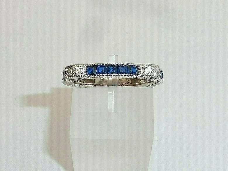 Antique Retro Circa 1880's Art Deco Diamond & Sapphire Wedding Band Ring 925