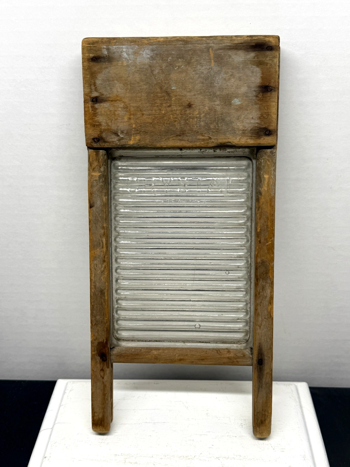 Small Vintage Primitive CRYSTAL Glass & Wood Washboard 11" x 5" Rustic
