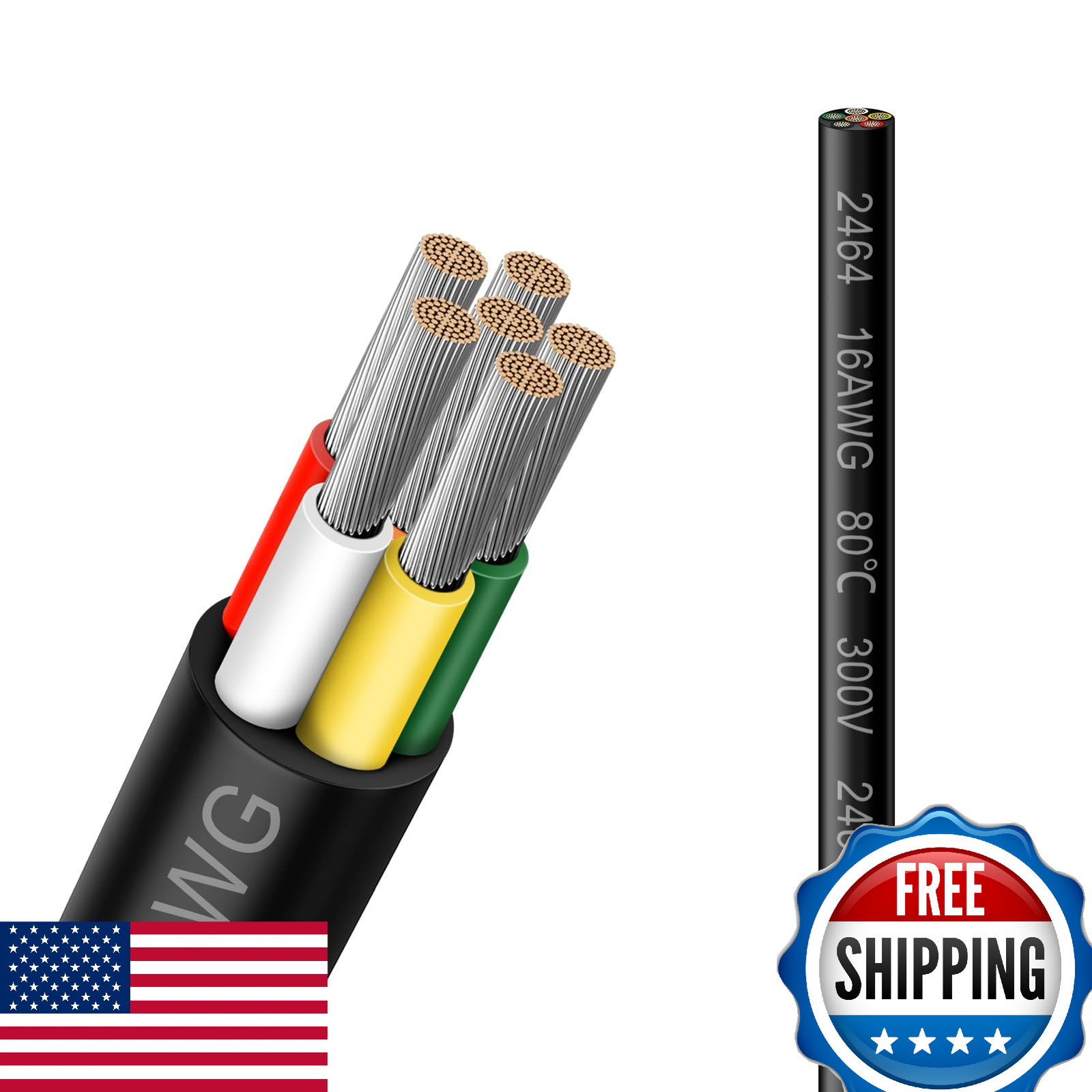 16AWG 6 Conductor Electrical Wire 33FT Black PVC Stranded Power Cable 300V