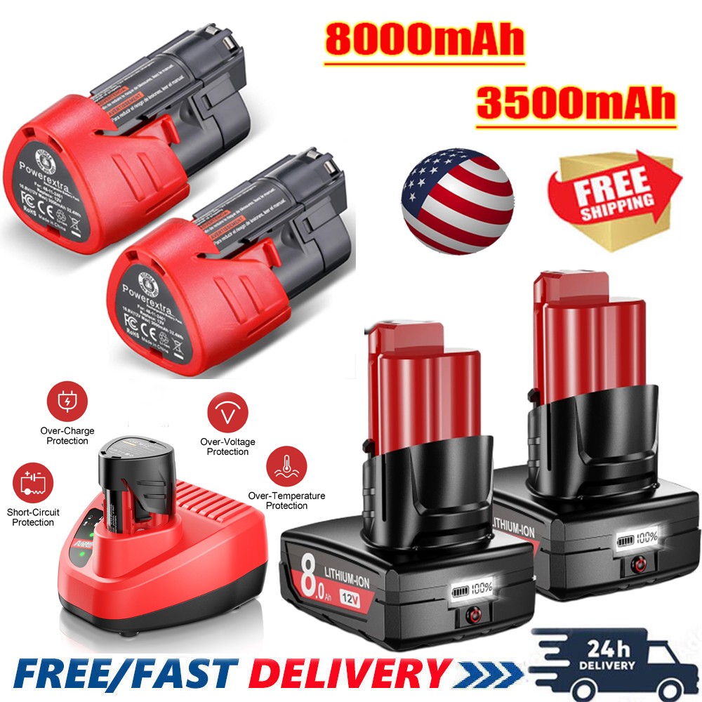 For Milwaukee 12v Li-ion For M12 8AH Lithium- Extended Capacity Battery/Charger