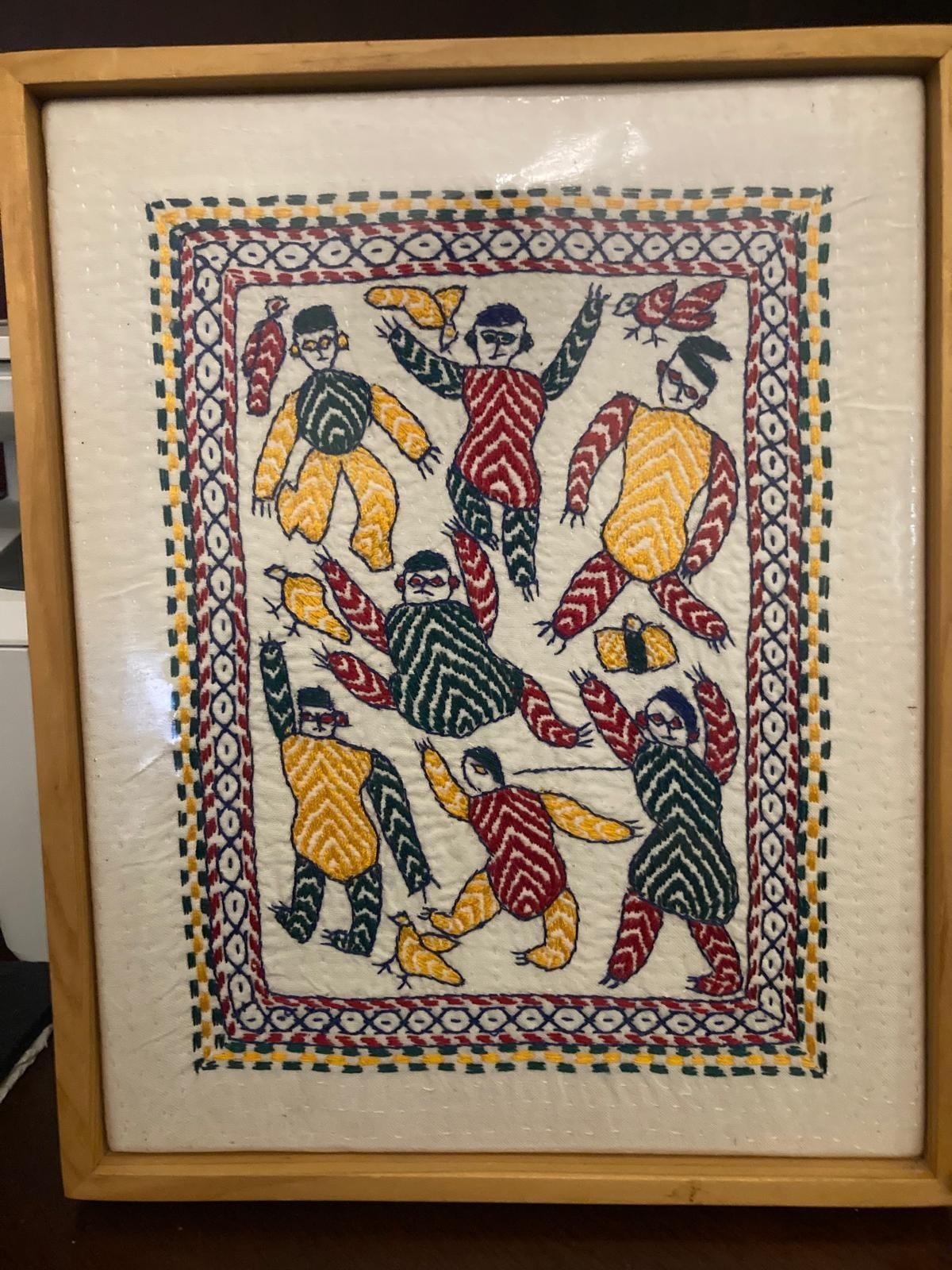 FRAMED KANTHA EMBROIDERY  Aarong Dancing Men Ethnic India/ Bangladesh Tapestry
