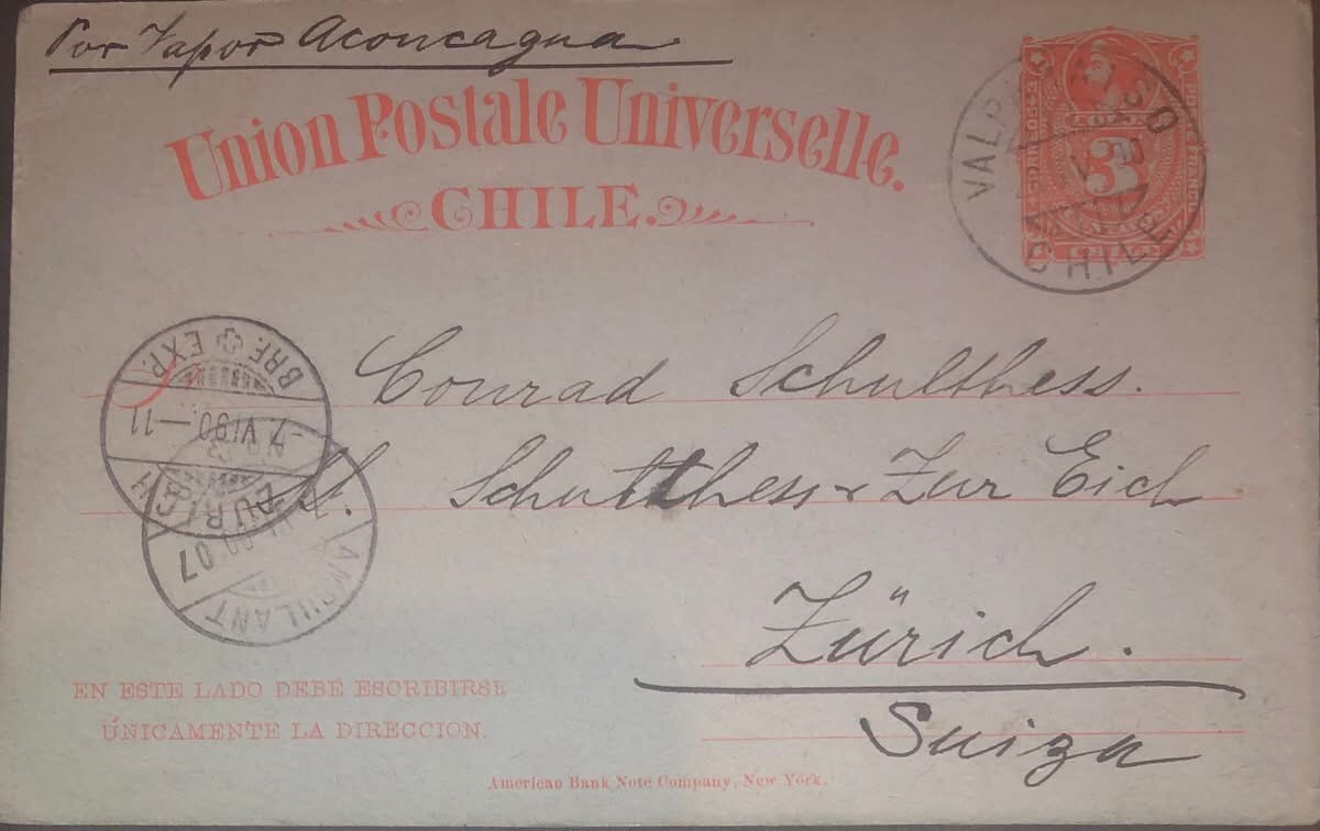 1890 postal stationery card from VALPARAISO to ZURICH