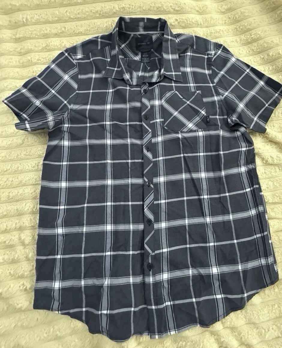 Men’s O’Neil Button Down Shirt Black White Plaid Size Large