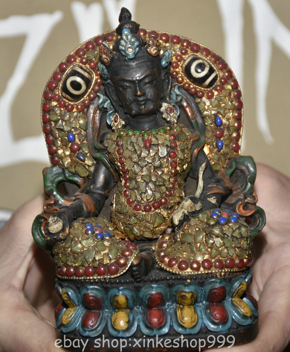 5.2" Old Tibet Bronze Inlay shell Buddhism Yellow Jambhala Wealth God Statue