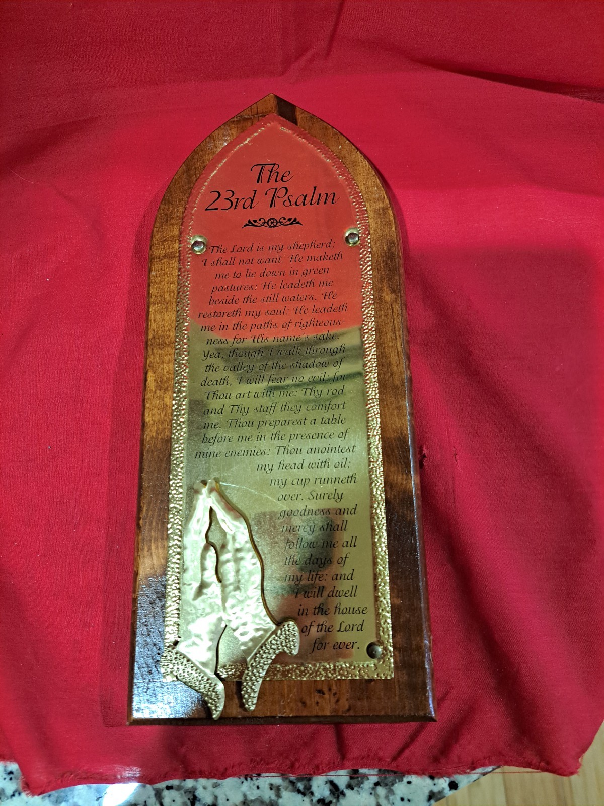 23rd Psalm Plaque Scripture With 3D Praying Hands Wood And Metal 4.5"X11X1"