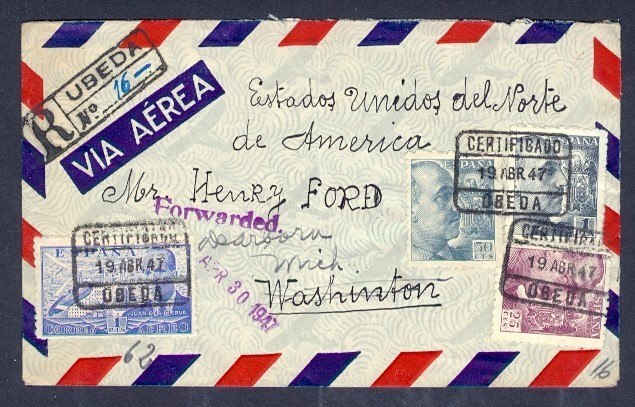 SPAIN 1947 REG AIRMAIL COVER TO HENRY FORD REDIRECT