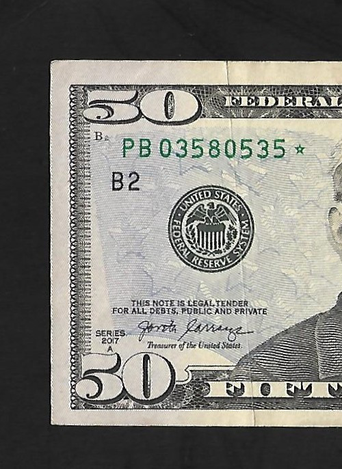 2017A #50 FIFTY DOLLAR FEDERAL RESERVE STAR ( REPLACEMENT)  NOTE- B2- NY,NY