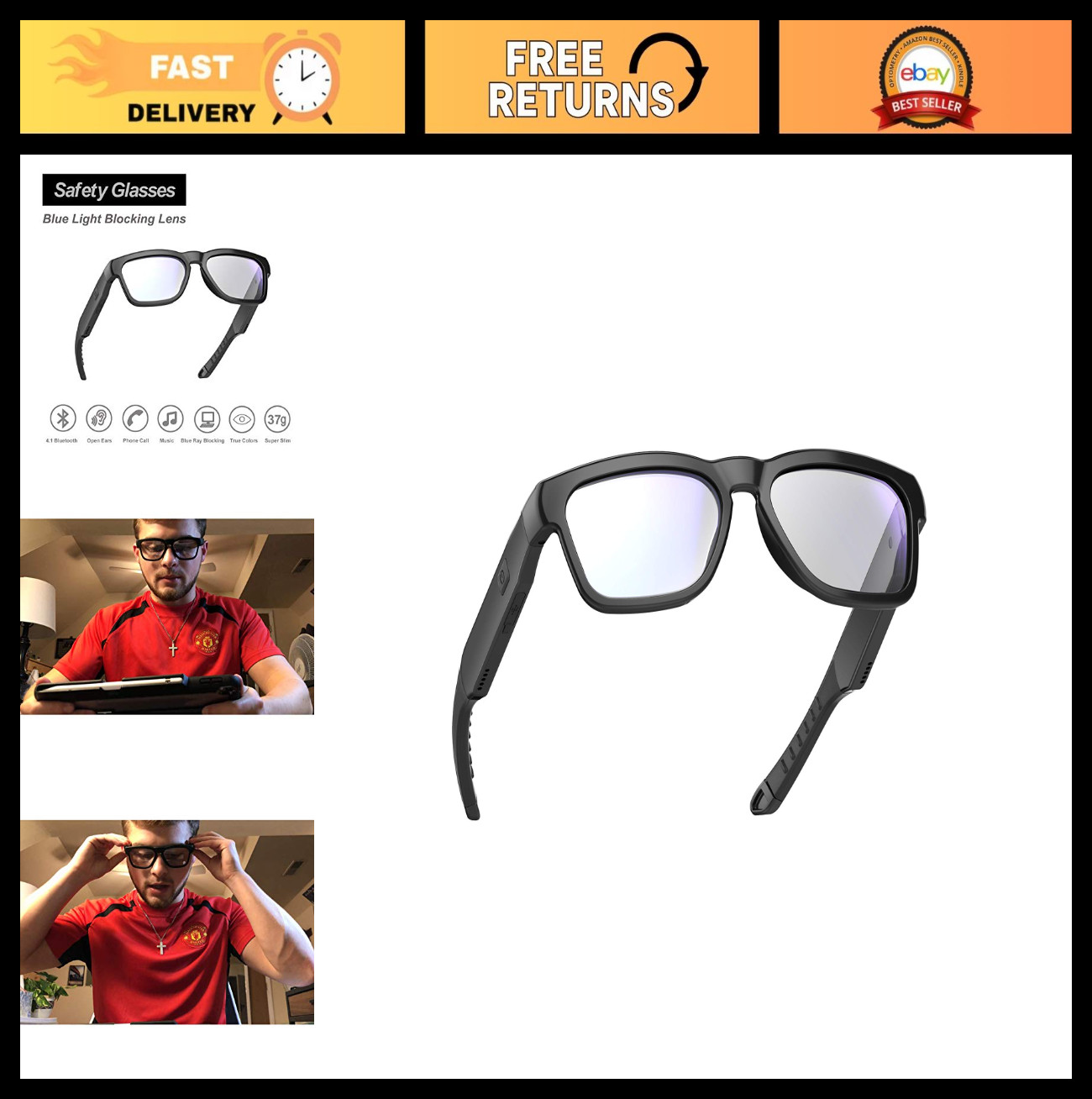 Smart Audio Glasses with Bluetooth Speaker, Voice Control & Open Ear Design for