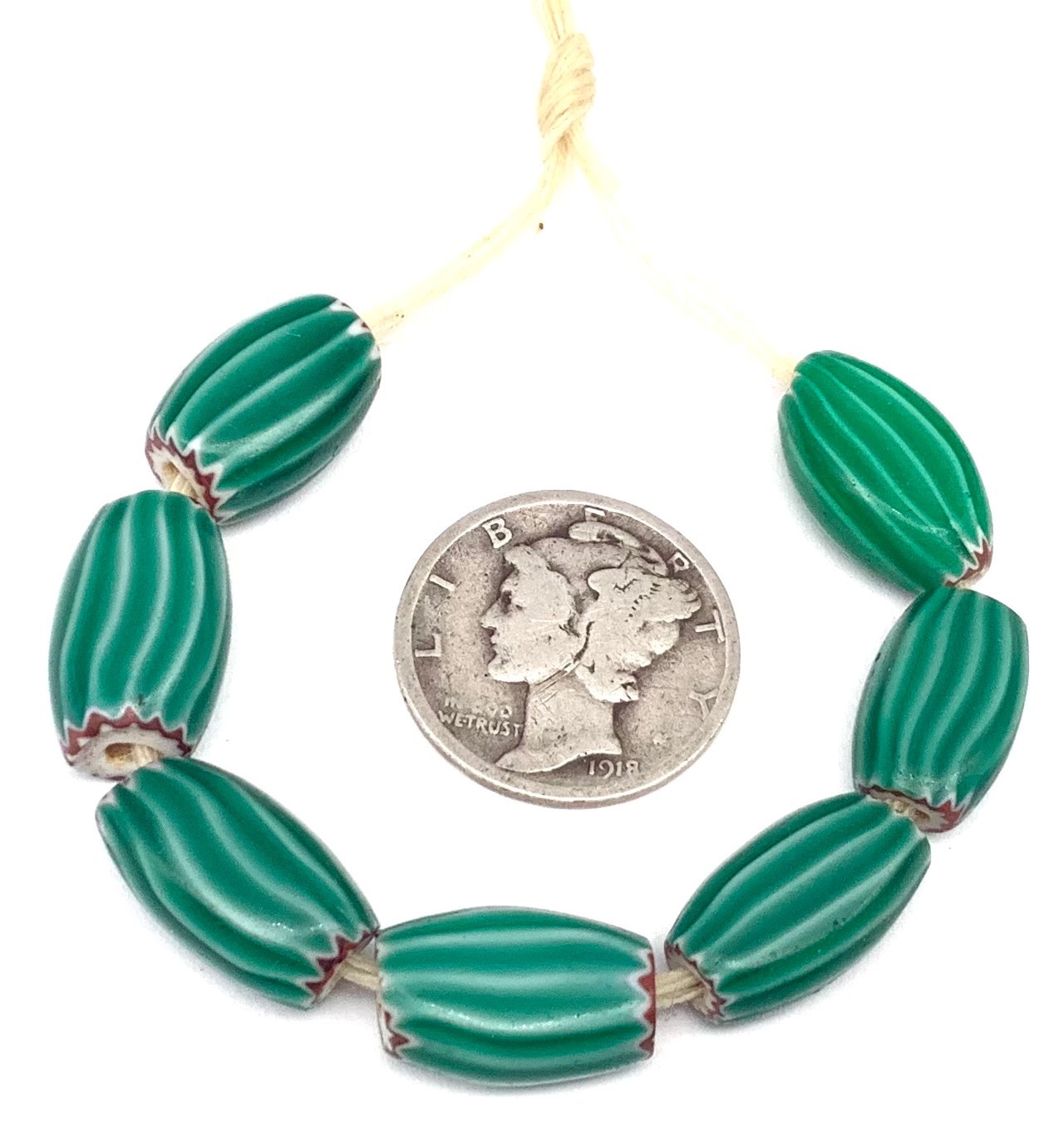 7 Antique Green Chevron Venetian Oval African Glass Trade beads-#1440