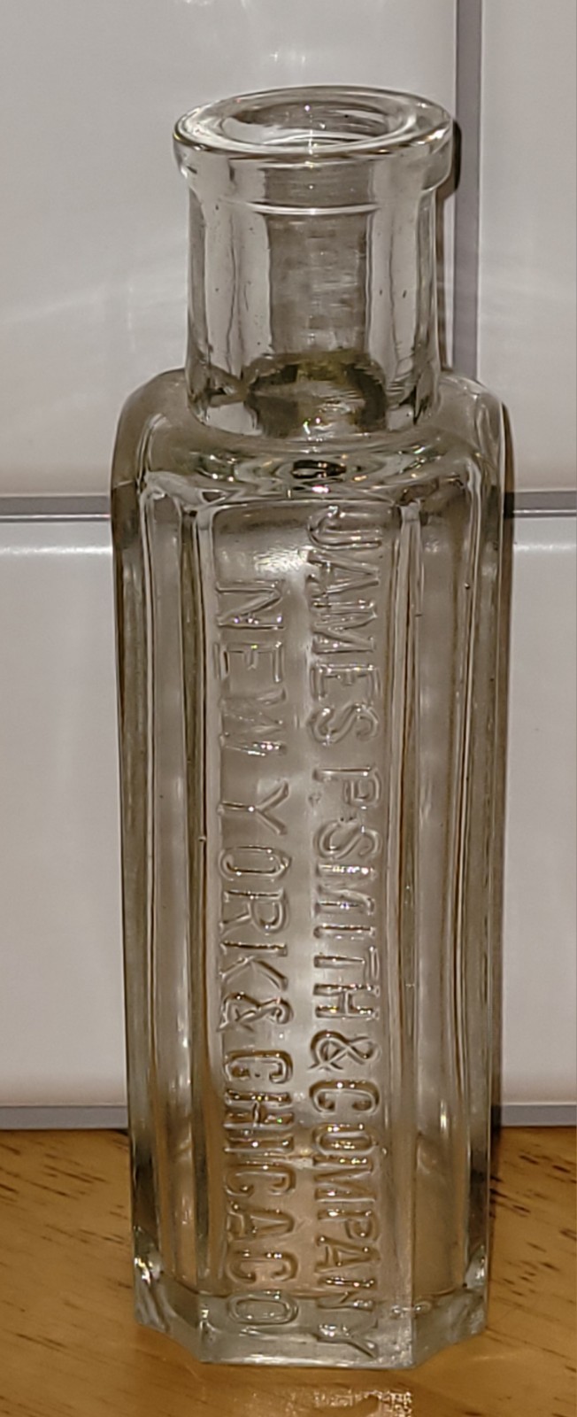 Vintage James P. Smith Clear Paneled Glass New York & Chicago Bottle Antique 