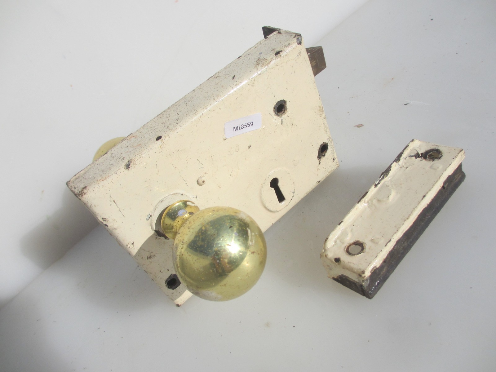 Victorian Iron Door Latch Rim Lock Old Vintage Brass Knobs Antique Keep - NO KEY