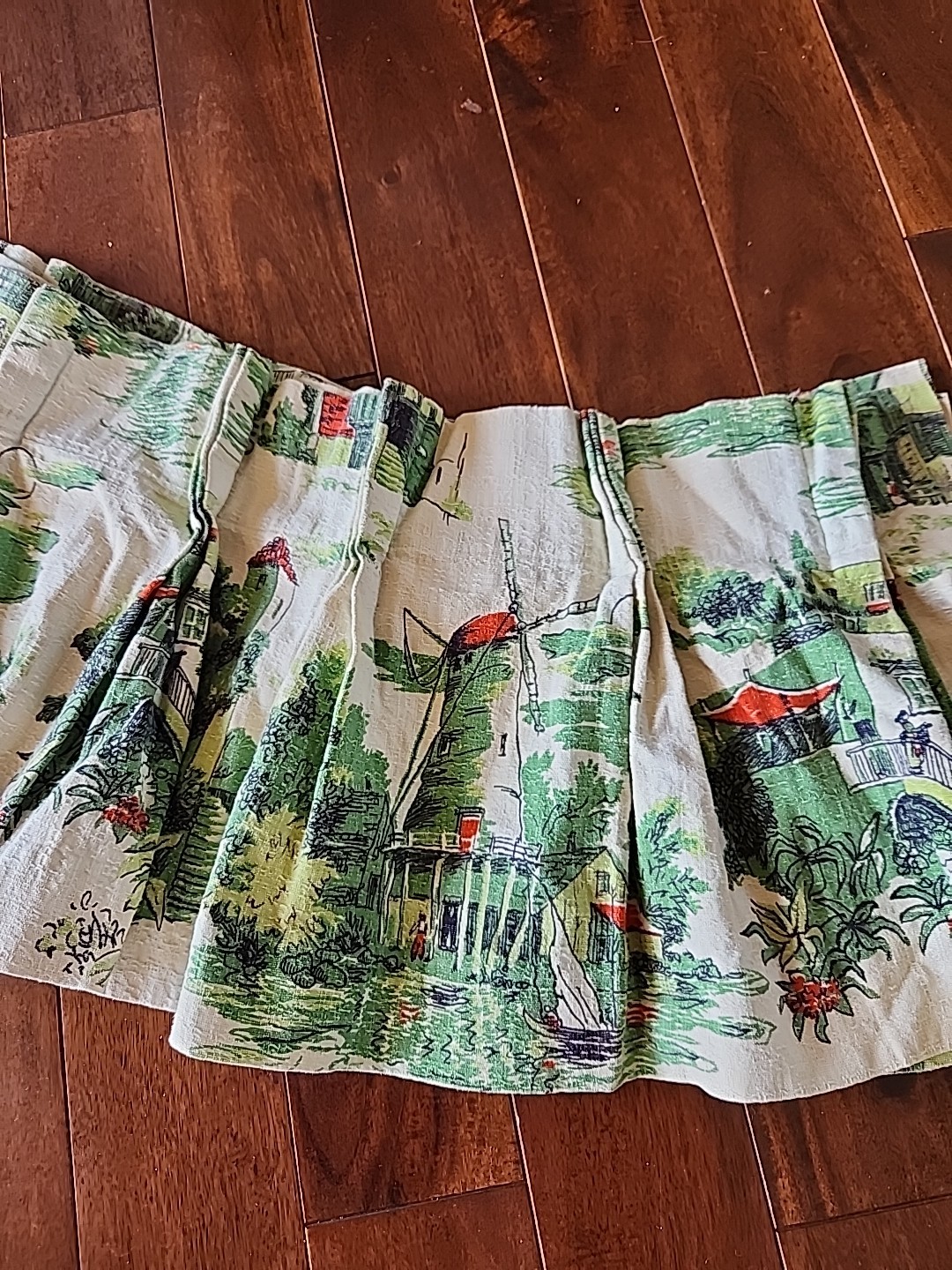 3-Vtg Green White Dutch Windmill Sailboat Linen  Retro 24" x 11.5" Valances