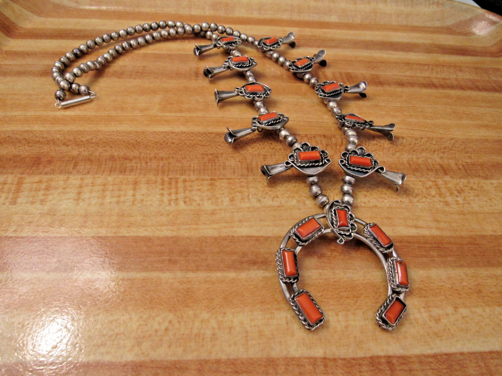 VINTAGE NICKEL SILVER TRIBAL SOUTHWESTERN  30CORAL SQUASH BLOSSOM NAJA NECKLACE