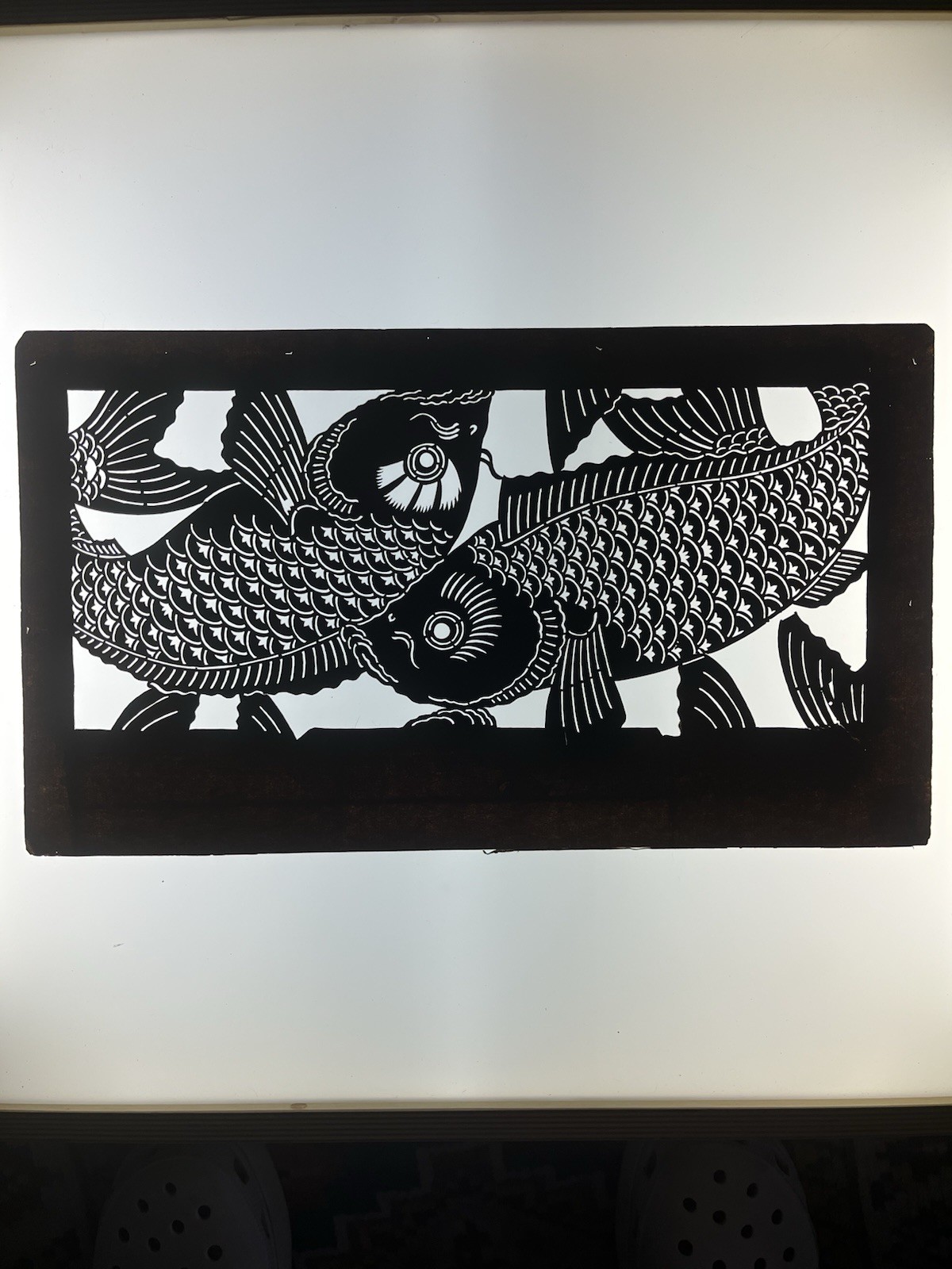 Antique Japanese Ise Katagami Kimono Textile Stencil Cut Paper Art Koi Fish