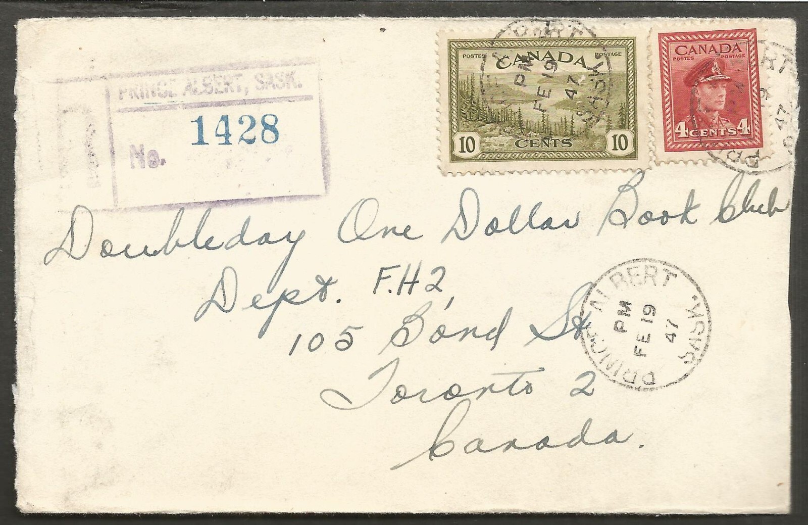 1947 Registered Cover 14c War/Peace RPO CDS Prince Albert Sask to Toronto Ont