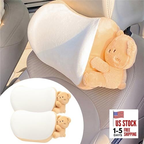 Car Headrest Pillow 2PCS Plush Bear ＆ Bunny Car Seat Headrest Pillow - Brown