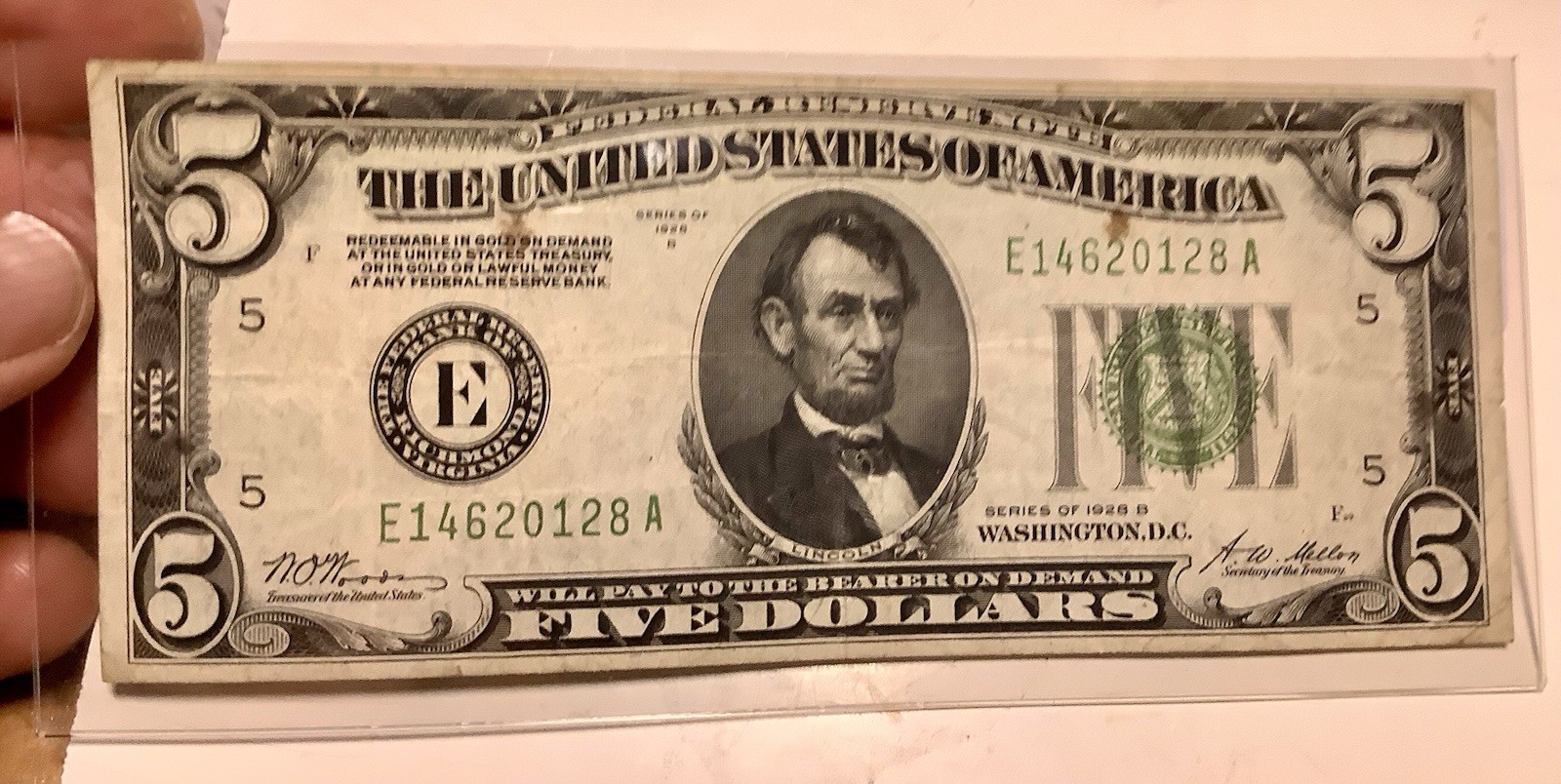 1928 B $5 Dollar Light Green Seal FRN Note #213 Redeemable in Gold... - VF+ Rare