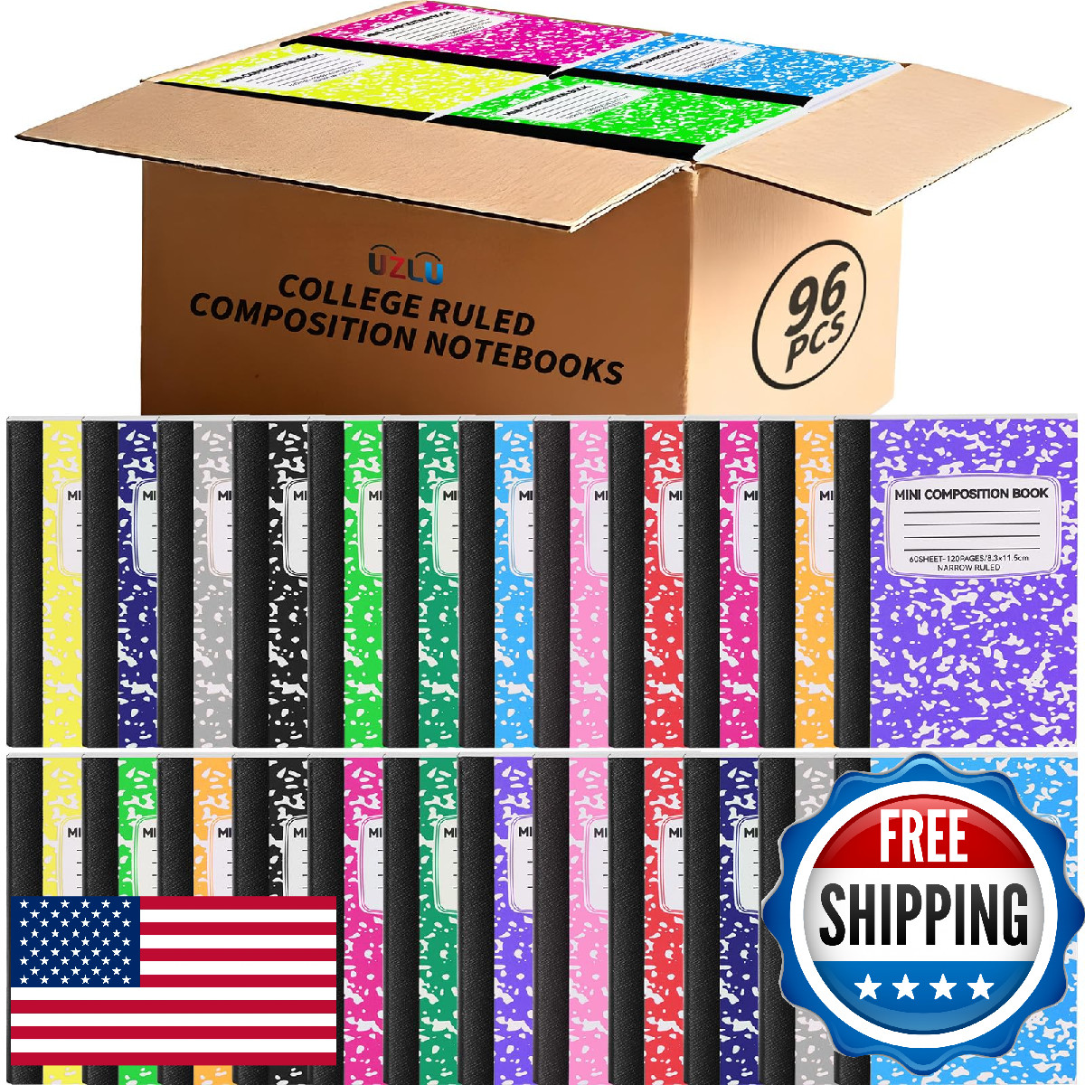 96 Pack UZLU Mini Composition Notebooks, College Ruled, 4.5x3.25", 12 Colors