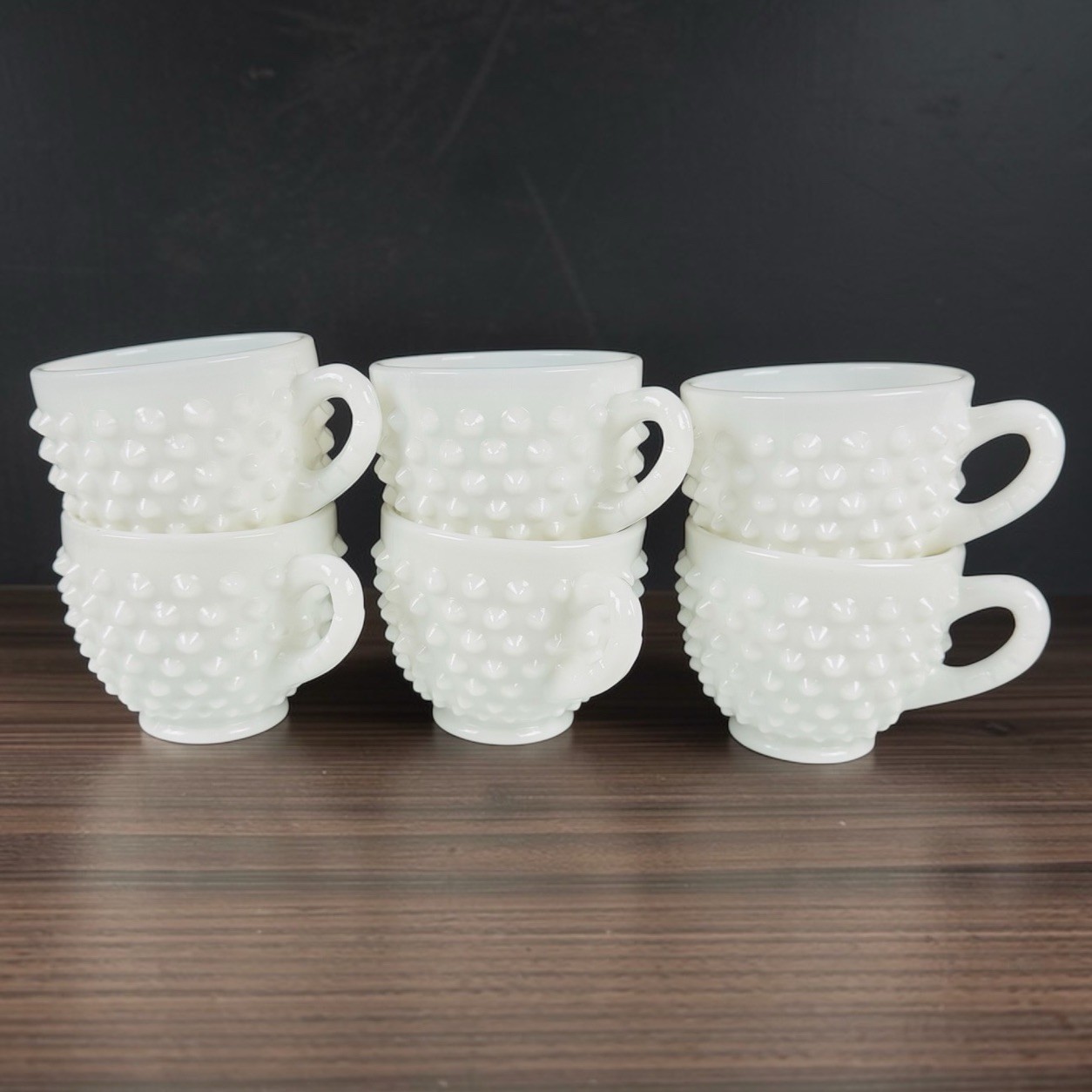 Vintage Milk Glass Hobnail Punch Bowl Cups Set of 6 White Pedestal Handles