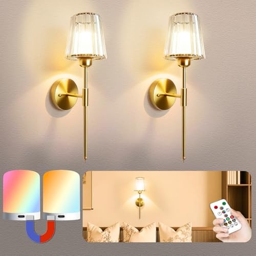Wall Sconces Set of Two Battery Operated, 19.3 Inch 3CCT Gold 19.3 inch-Gold