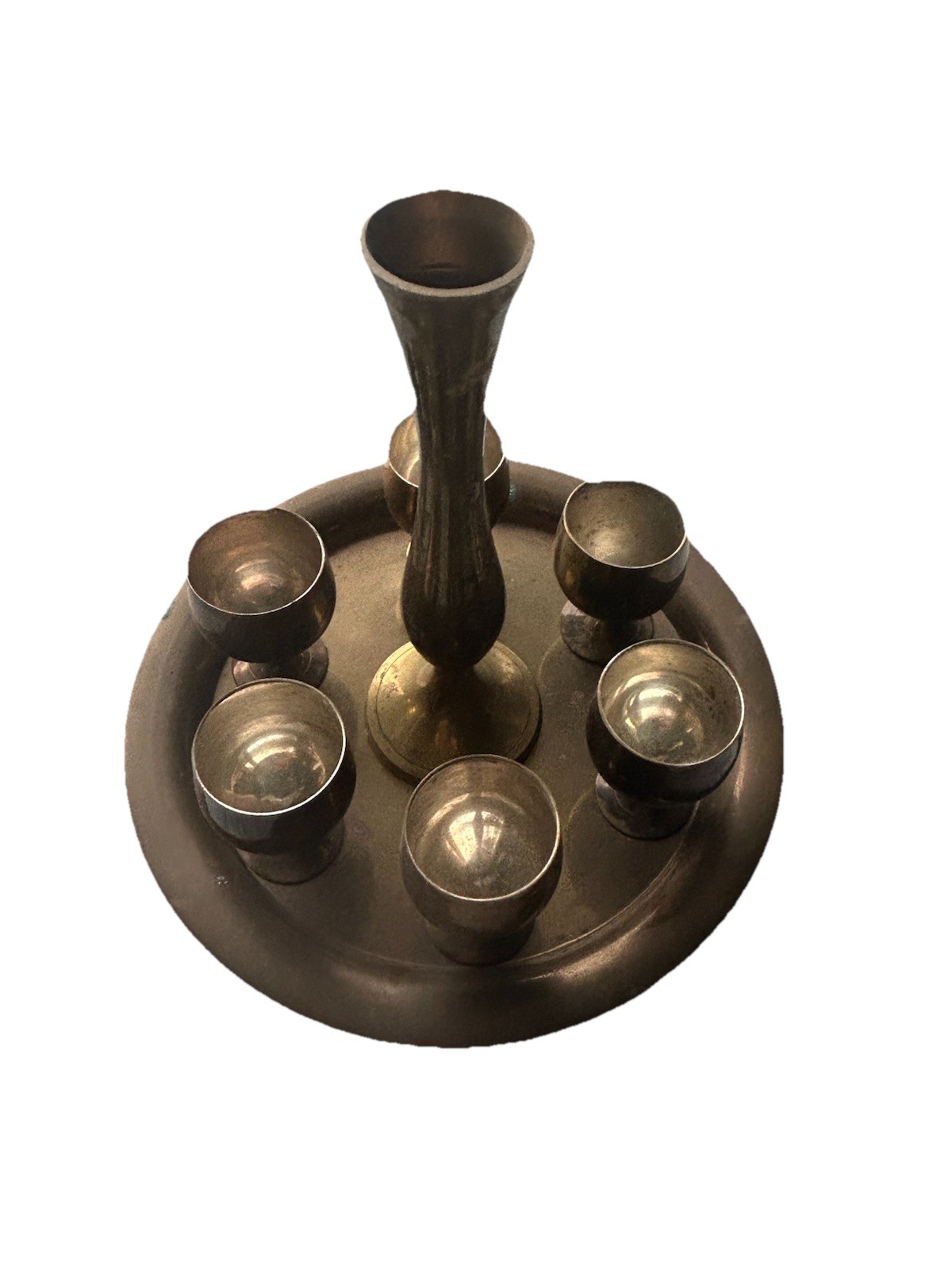 Brass Tray 6 Goblets and Vase Barware Set Tall Vessel Collectible Home Decor