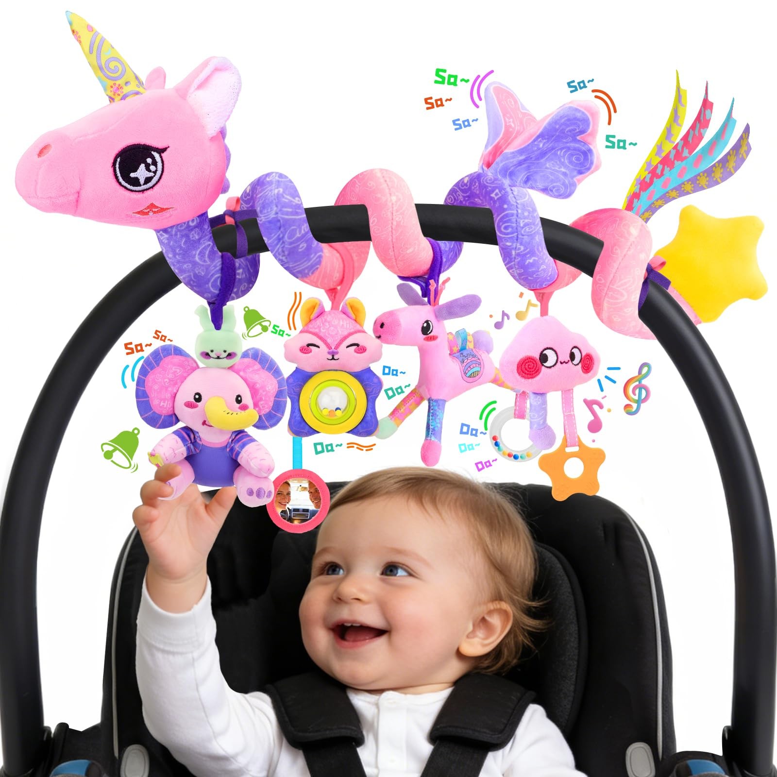 Musical Car Seat Toy for Babies 0-12 Months Girl, 5-in-1 Sensory Activity Han...