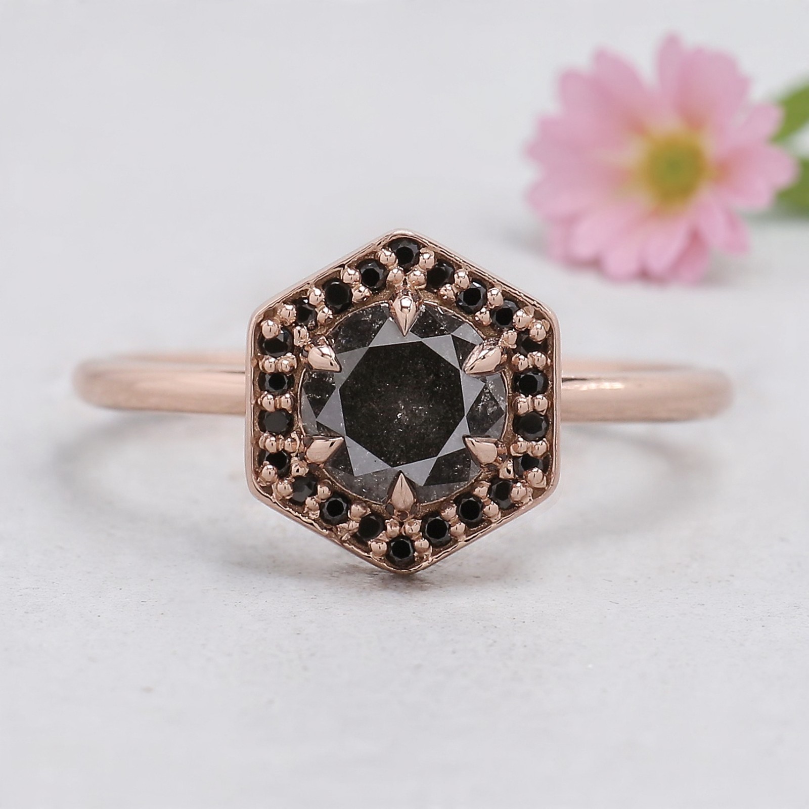 0.82 Ct Natural Round Cut Salt And Pepper Diamond 14K Rose Gold Engagement Ring