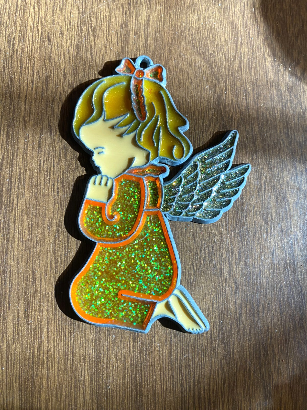 Vintage Window Decor Angel Praying Yellow Lucite Metal Christmas Ornament 4"