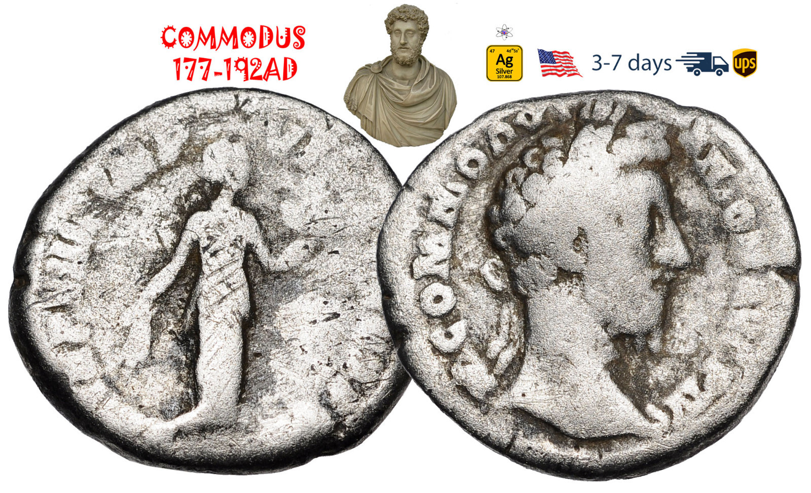 Ancient Roman Empire Coin Silver Denarius COMMODUS 177 - 192 AD Authentic #31806