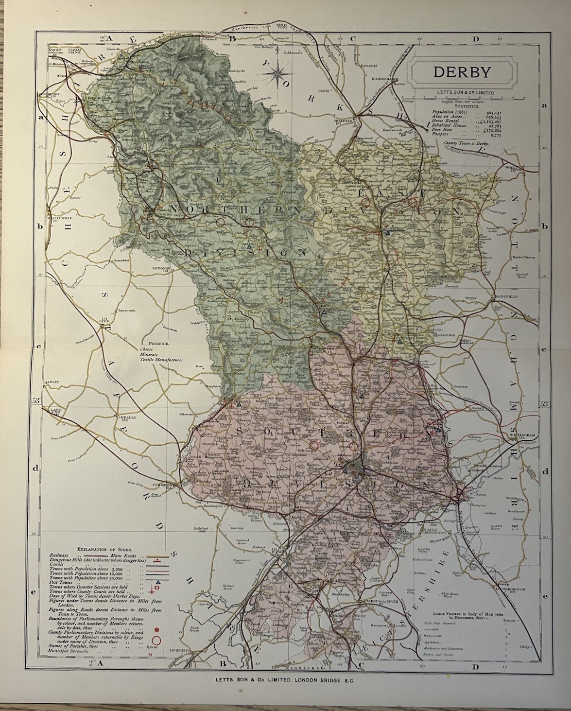 1884 Derbyshire Original Antique County Map by Letts