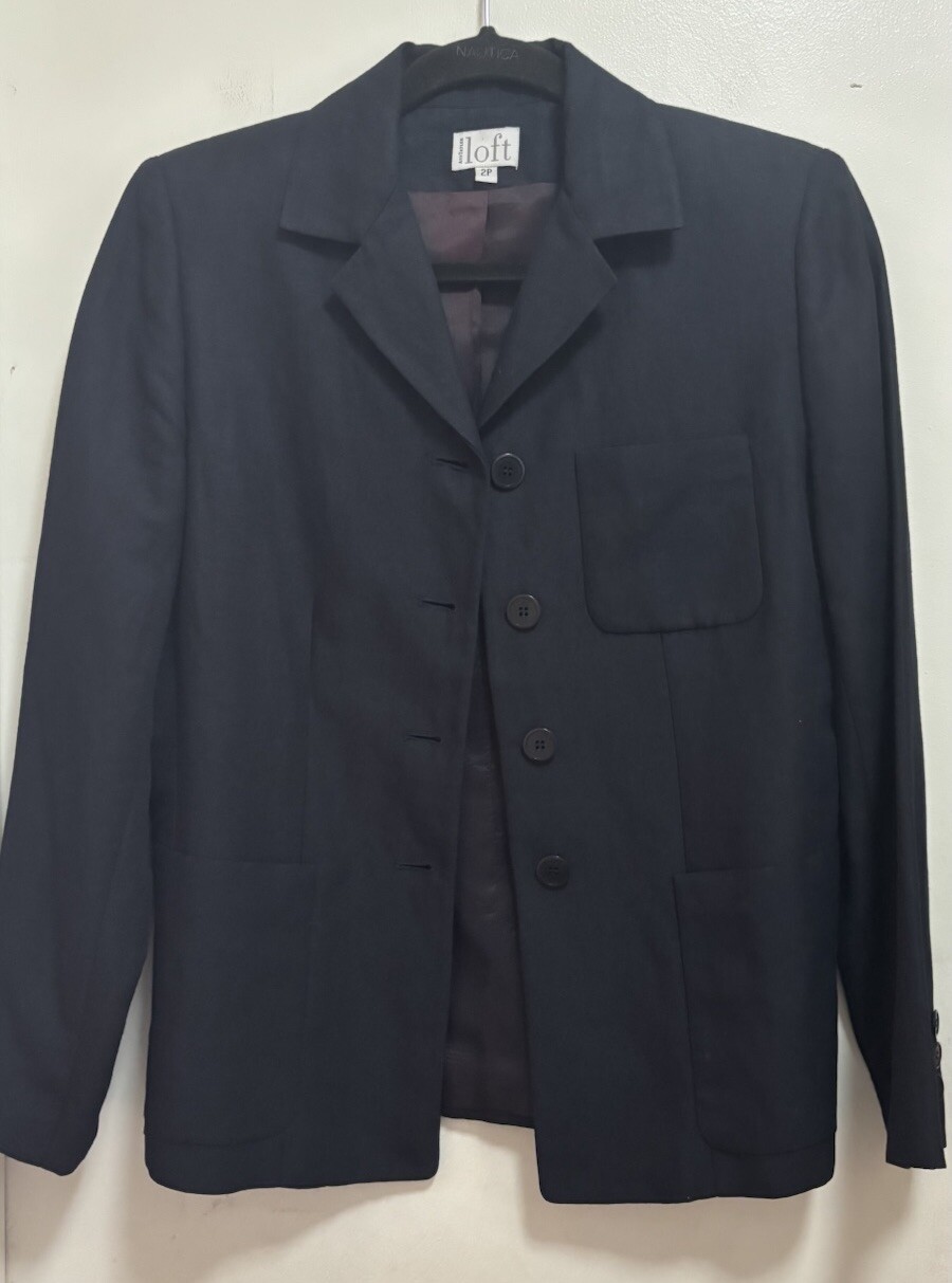 VTG Ann Taylor Loft Linen Blend Navy Blue Lined Pockets Buttons Blazer Sz 2P