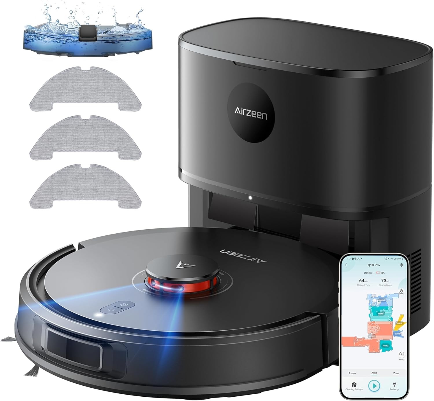 Airzeen Q10 Pro Robot Vacuum Mop 5000Pa Self-Emptying Laser Nav Medium BLACK