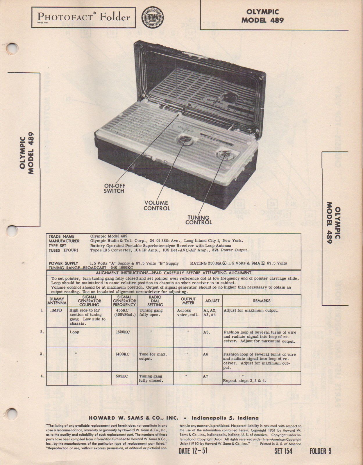 1951 OLYMPIC 489 RADIO SERVICE MANUAL PHOTOFACT SCHEMATIC DIAGRAM REPAIR FIX