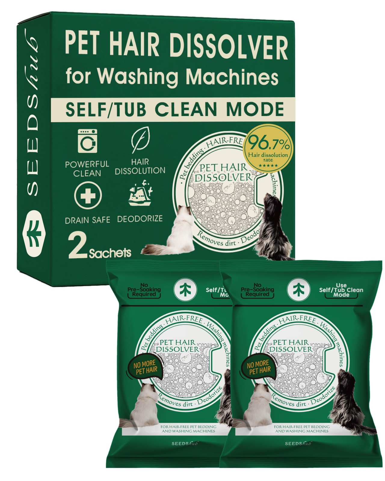 Pet Hair Dissolver for Washing Machine - 2 Sachets, HE/All Washers, Septic Safe