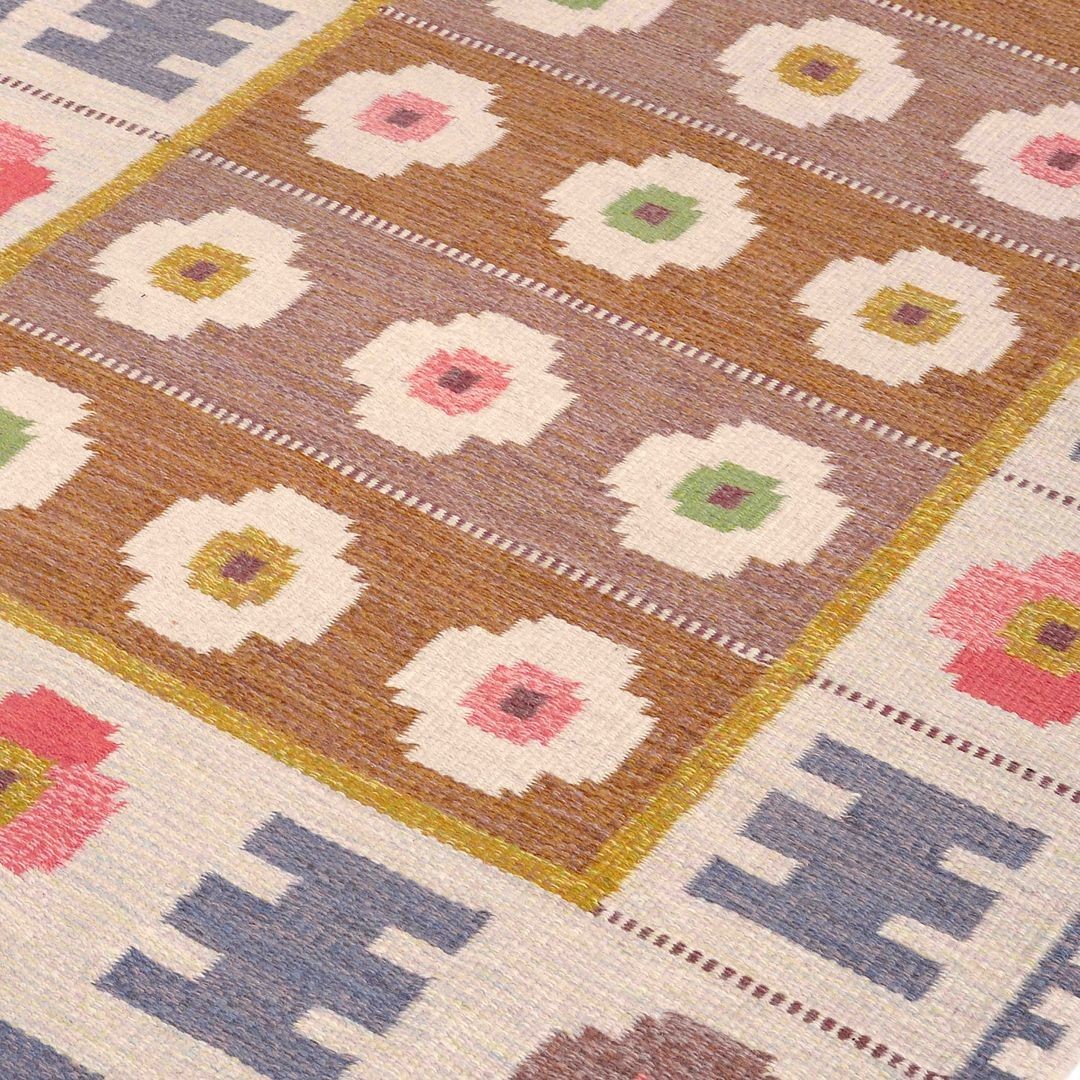 Antique Swedish Rug Blue Floral Vintage Kilim Boho Handmade 5x8 weave Area Rugs