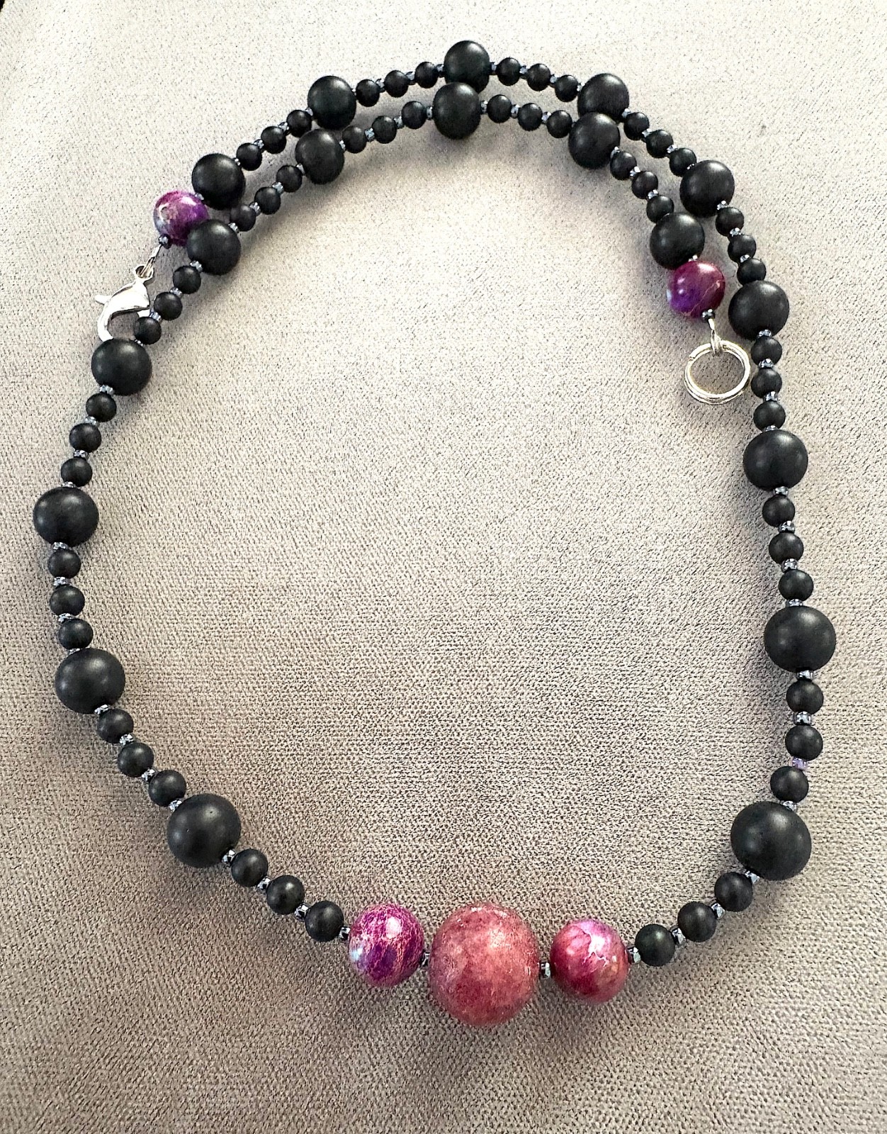 21" Onyx, Sea Sediment, & Rhodochrosite Gemstone Necklace
