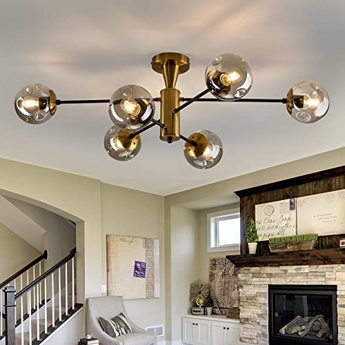  Modern Semi Flush Mount Ceiling Light Fixture, 6-Light Sputnik Chandelier Gold