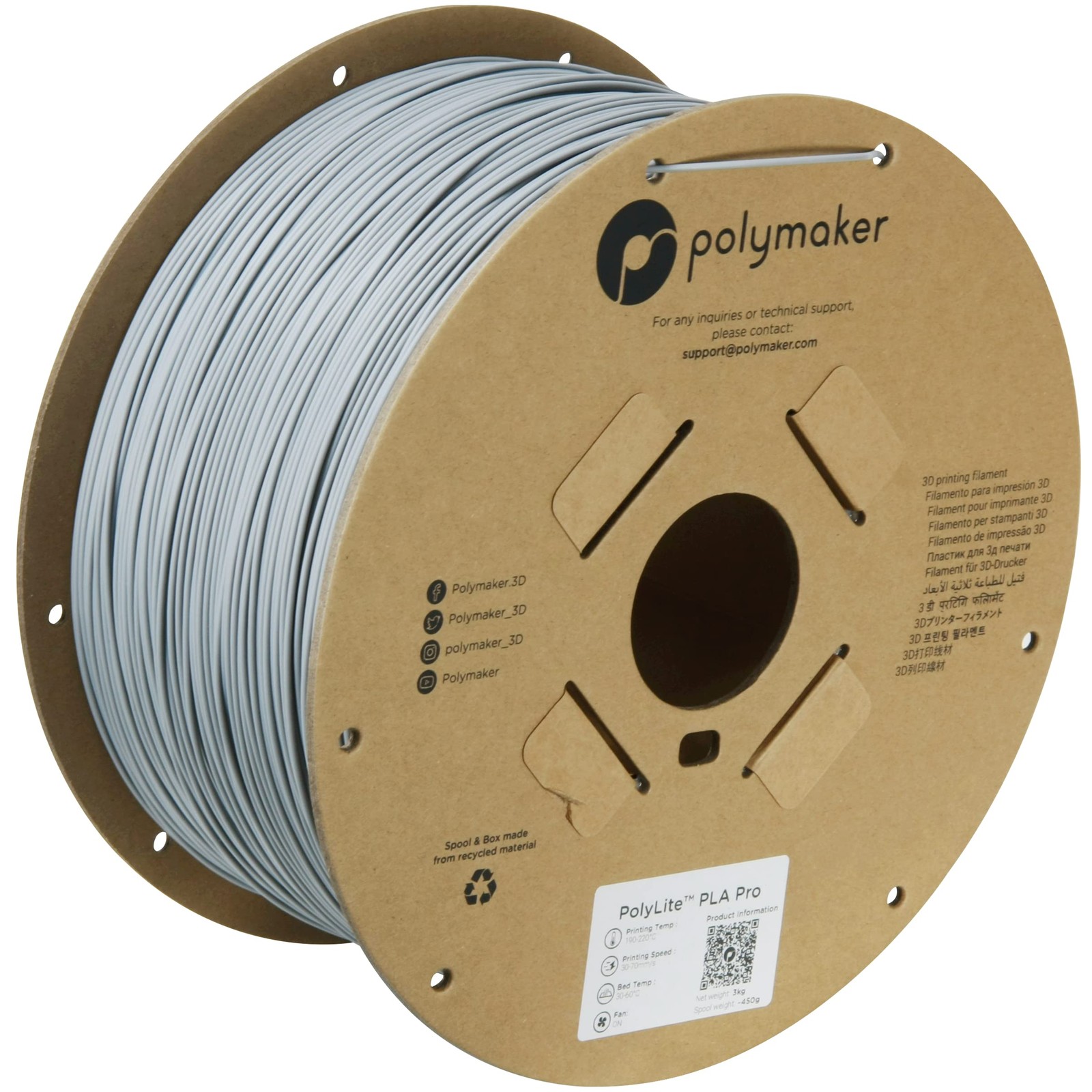 Polymaker PLA PRO Filament 1.75mm 3kg, 314 - Grey (Hex Code: #8d8e93) 