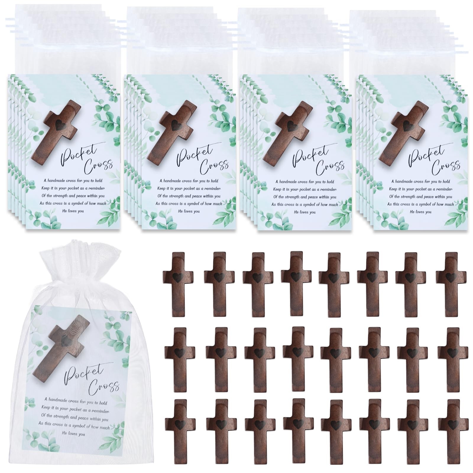 24 Sets Wooden Pocket Cross Fidget Bulk with Greeting Card & Bag, Handmade Wo...