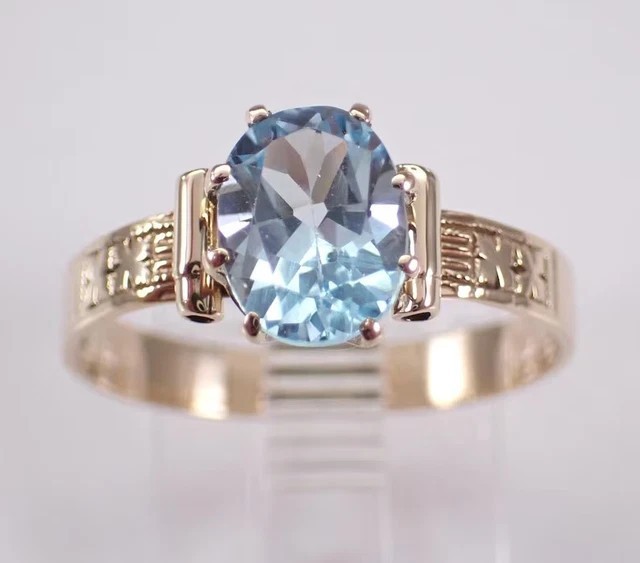 Oval Cut Simulated Blue Topaz Fancy Wedding Band Ring In 14k Yellow Gold Plated