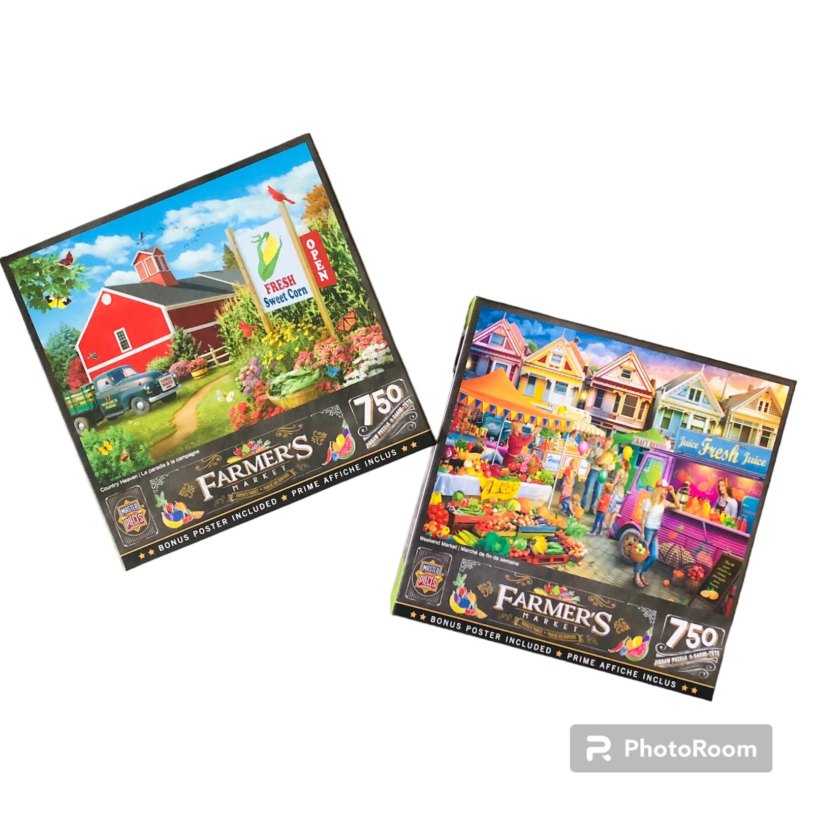 NEW Set of 2 Master Pieces Country Heaven Weekend Farmers Market 750 Pc Puzzles