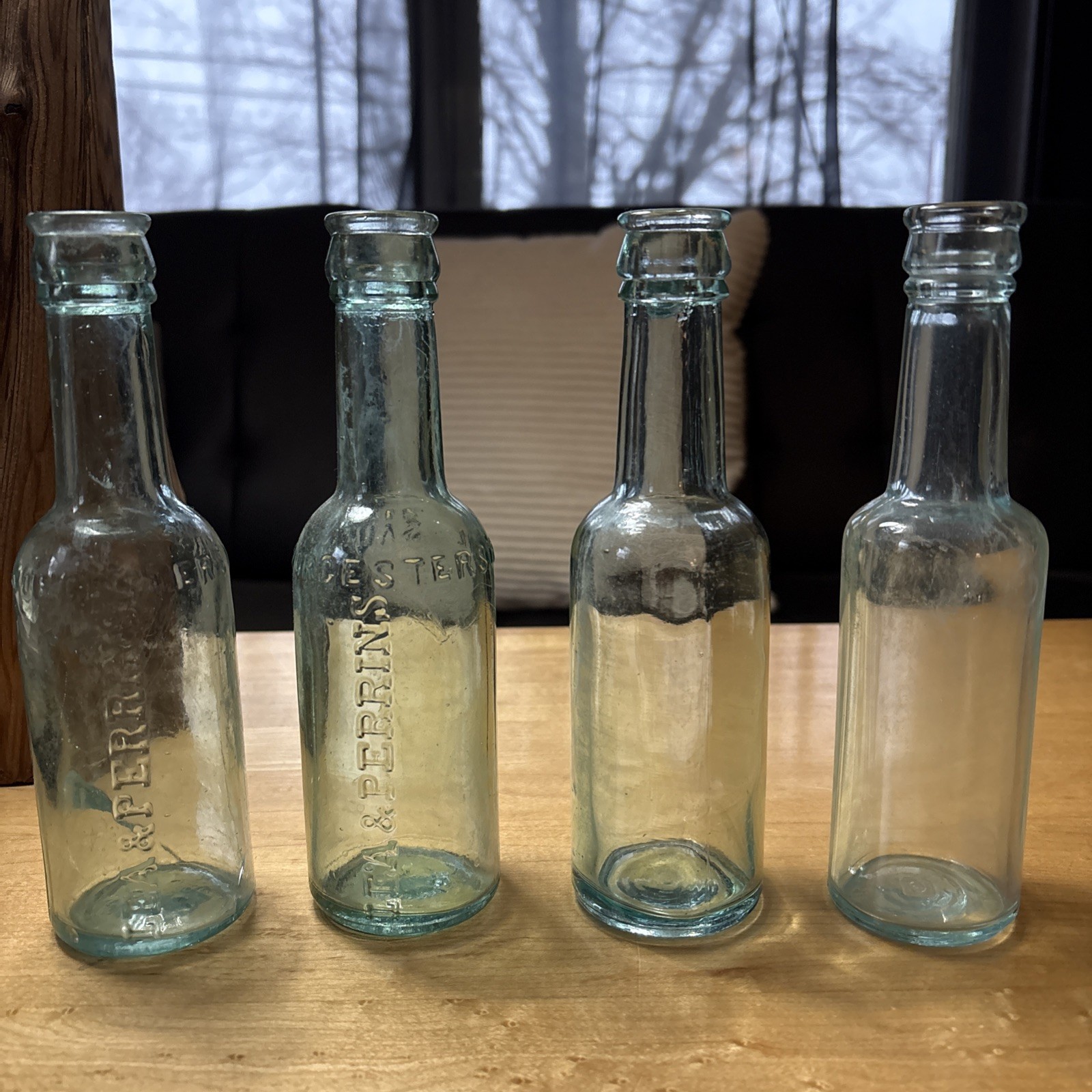 Antique Lea&Perrins Sauce Bottles. Aqua, 2 Embossed. 2 Damaged *Read*