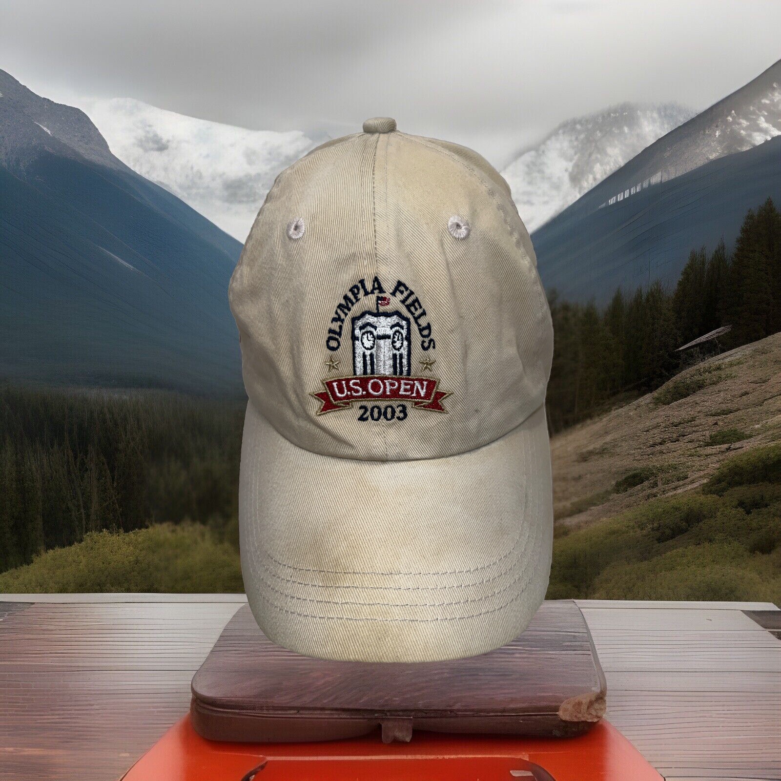 U.S. Open 2003 Olympia Fields Hat Cap 103rd Event Tan w Navy, Red, White. Cotton