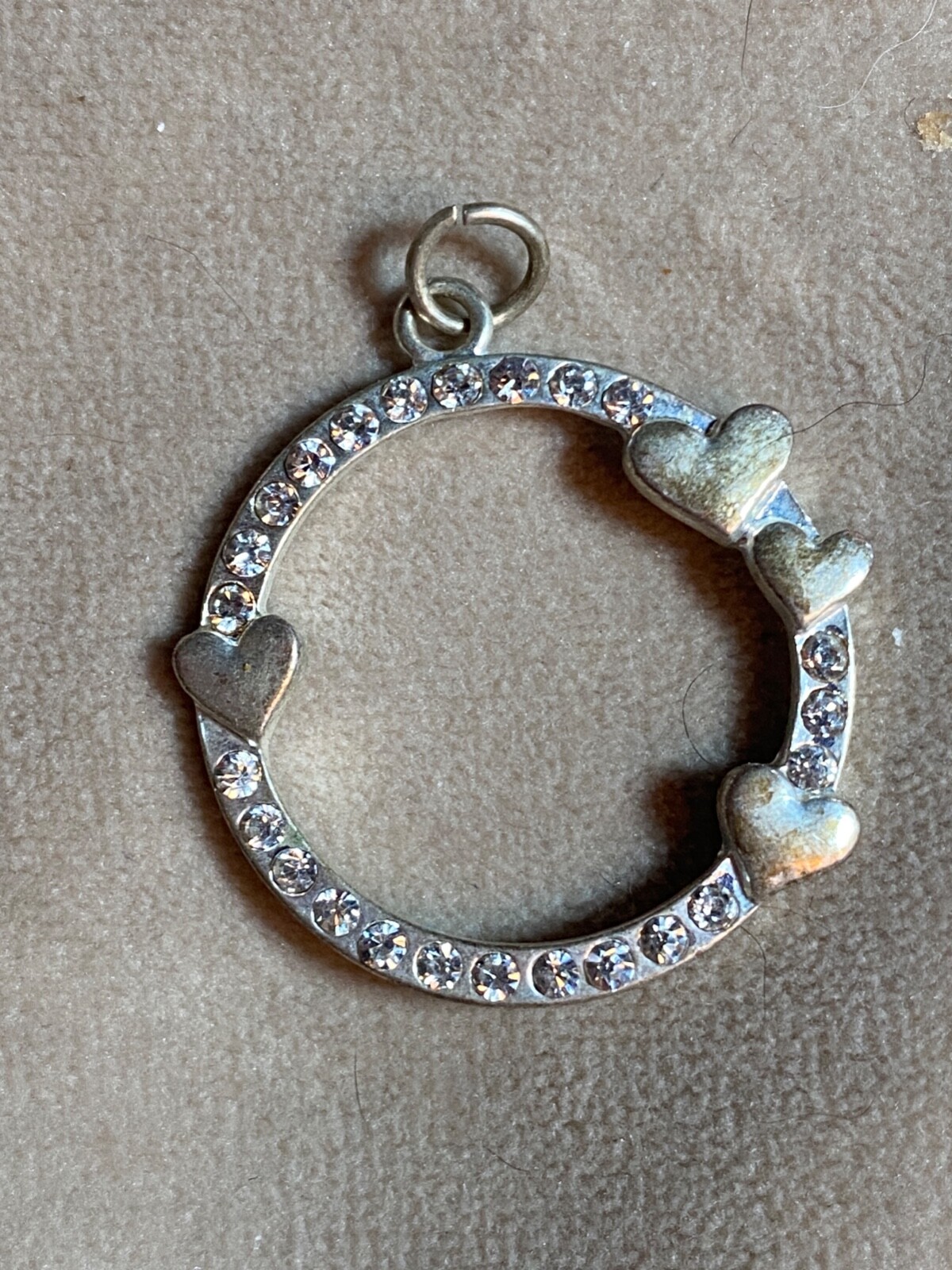 VINTAGE Crystal RS Hearts on Circle Charm Jewelry Pendant Necklace 1"